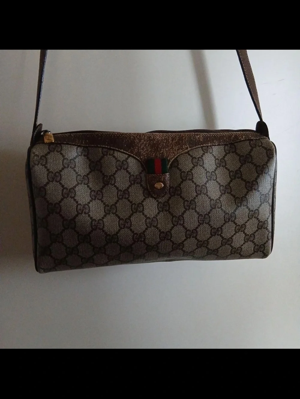 Gucci Brown Monogram Shoulder Bag with Green-Red Web Accent